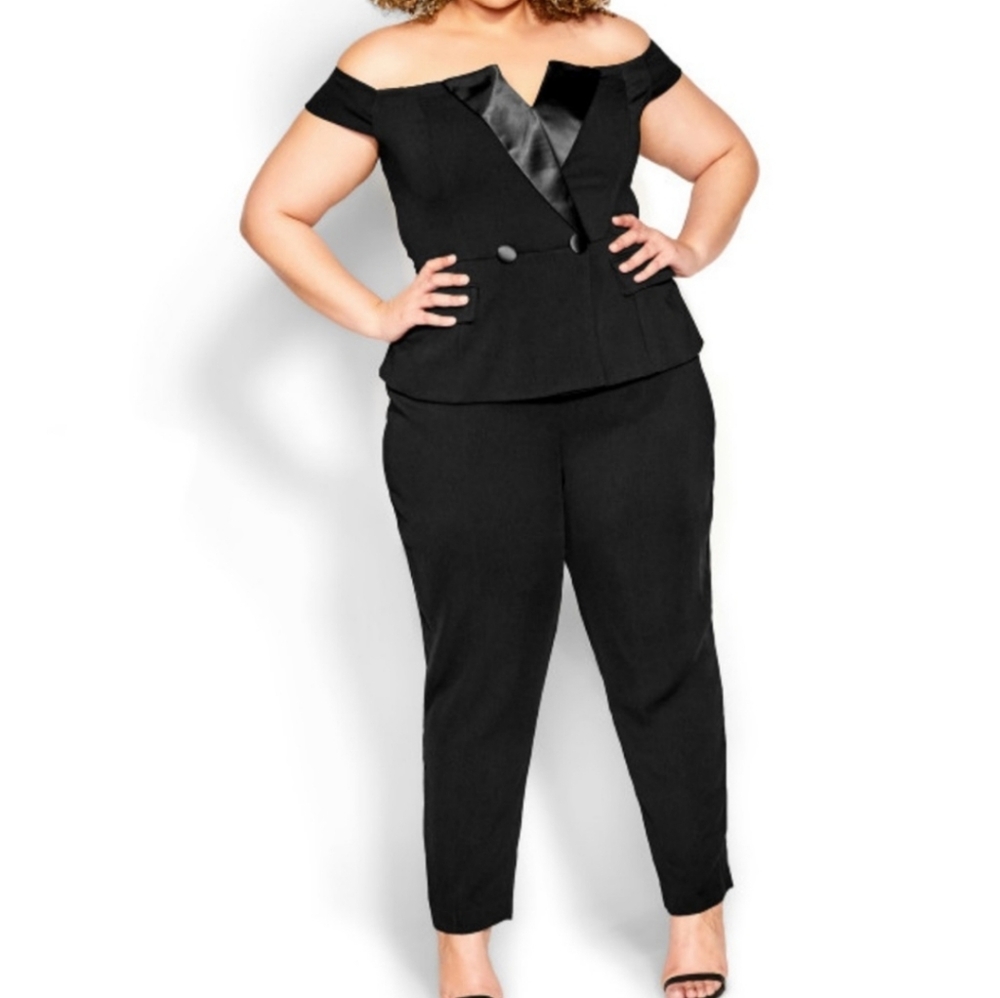 ⭕️ WORN ONCE City Chic Black Tuxedo Off-Shoulder Jumpsuit Size 20